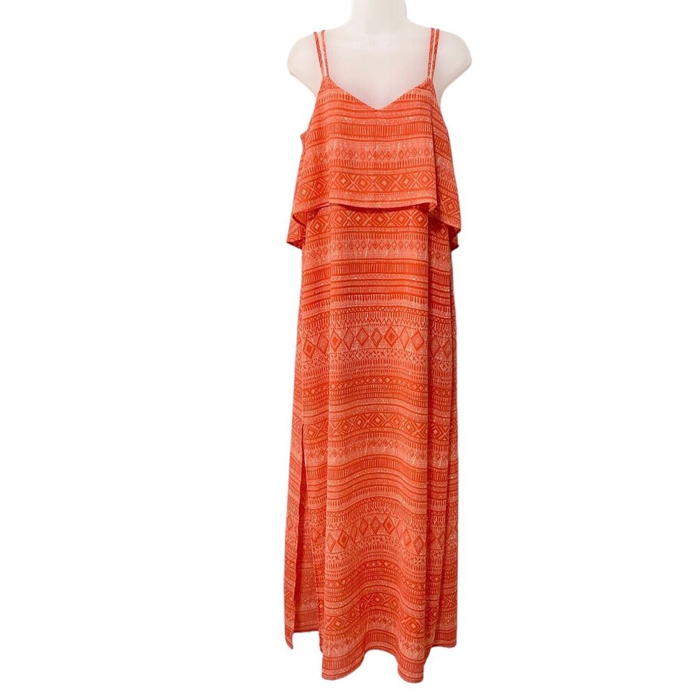 Sanctuary Maxi Dress Size M V- Neck Orange Spaghetti Straps Side Slit Summer